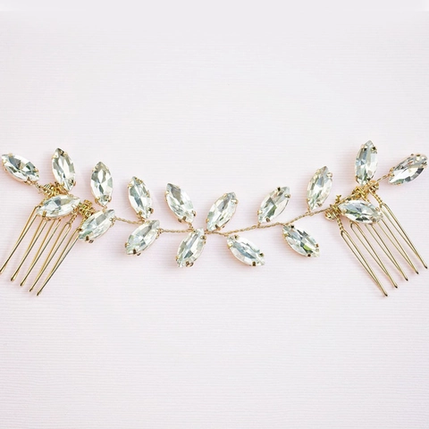 Elegant Marquise Cut Glass Rhinestone Hair Comb Bridal Wedding Vine Leaf Headpiece Gold Silver Alloy Hair Accessories