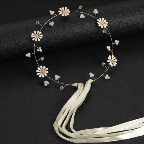 Fascia per Capelli Sposa Stile Foresta Margherita Strass Con Nastro in Satin Bianco Filo d'Oro Künstliche Perle Copricapo Matrimonio