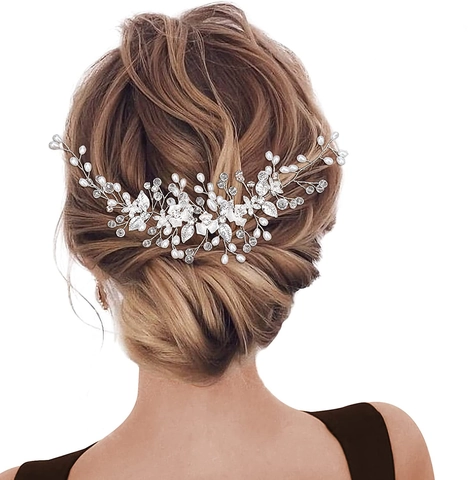 Bandeau de Mariée Fait Main Cristal Strass Fausse Perle Vigne de Cheveux pour Femmes Or Argent Fleur Feuille Coiffe de Mariée