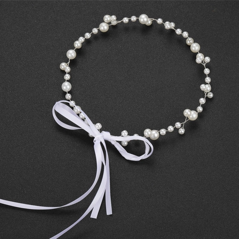 Diadema de Novia de Perlas Artificiales Hecha a Mano Elegante Con Cinta de Satén Perla Artificial Blanca Alambre de Aleación Boda Accesorios Pelo