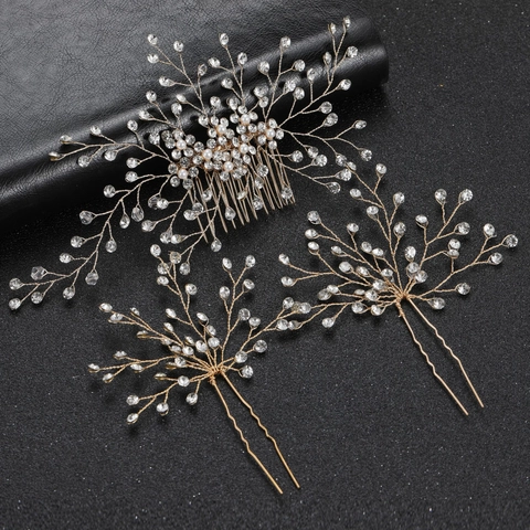 Bridal Hair Accessory Set Alloy Rhinestone Faux Artificial Pearl Hair Comb And Hair Pins Wedding Headwear Jewelry For Women Party