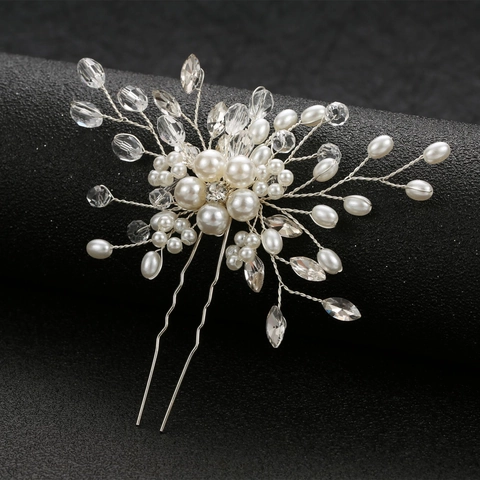 Handmade Artificial Pearl Crystal U Shaped Hairpin Bridal Wedding Flower Branch Gold Silver Alloy Wire Wrapped Hair Jewelry For Women