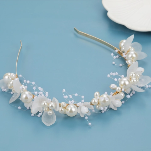 Handmade White Artificial Pearl Floral Bridal Headband Alloy Flower Crown Hair Accessories For Wedding Party Women Jewelry