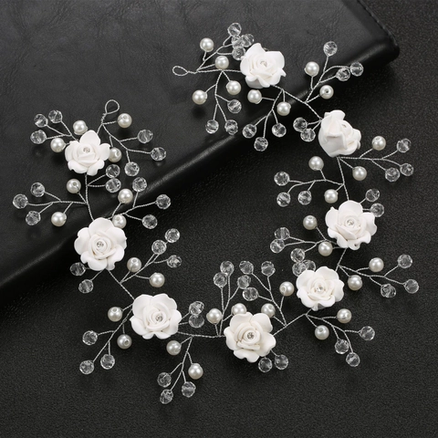 Handgefertigte Hochzeit Haarranke Weiße Polymer Ton Blumen Kristall Künstliche Perle Braut Stirnband Elegante Haarschmuck Für Damen Party Bankett