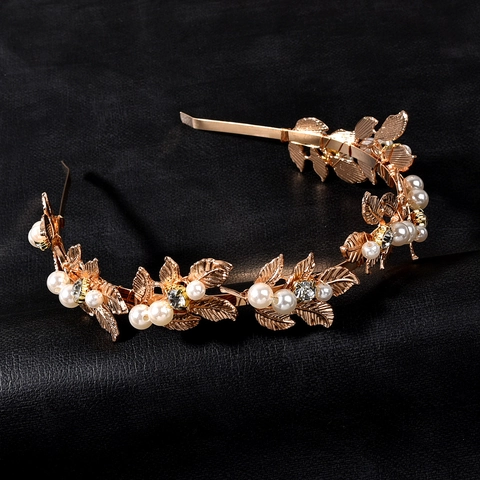 Cerchietto da Sposa in Lega a Foglia Barocca Con Perle Artificiali Strass Accessori per Capelli da Sposa Oro Argento Forcina a Foglia Donna