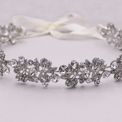 Bridal Wedding Hairband Silver Alloy Rhinestone Flower Leaf Hair Vine With White Ribbon For Women Party Jewelry Accessories