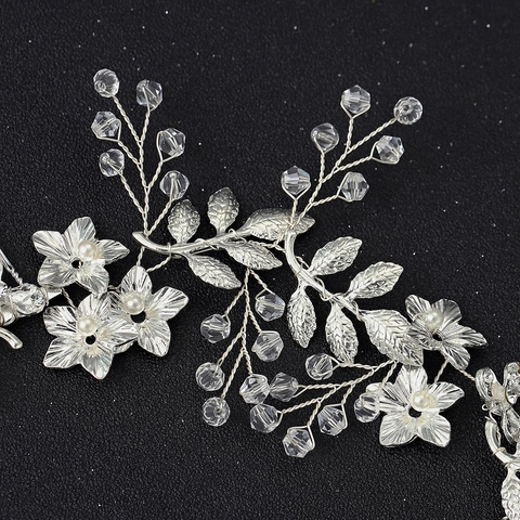 Eleganter Silberblatt Braut Haarschmuck Ranke Mit Handgefertigten Kristall Künstliche Perlen Blumen Hochzeit Haarschmuck Für Damen