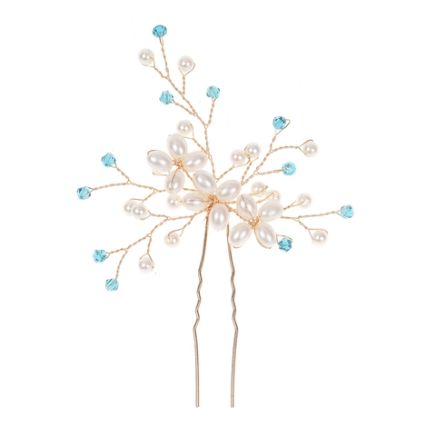 Braut U-Haarnadel Handgefertigt Golddraht Königsblau Strass Künstliche Perle Floral Haarschmuck Hochzeit Accessoires Damen