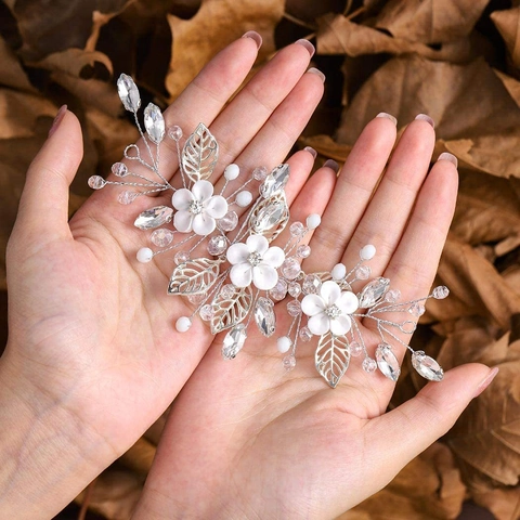 Accessorio Capelli Sposa Fatto a Mano Foglia Argento Fiore Bianco Perla Artificiale Strass Cristallo Elegante Copricapo Gioielli Donna