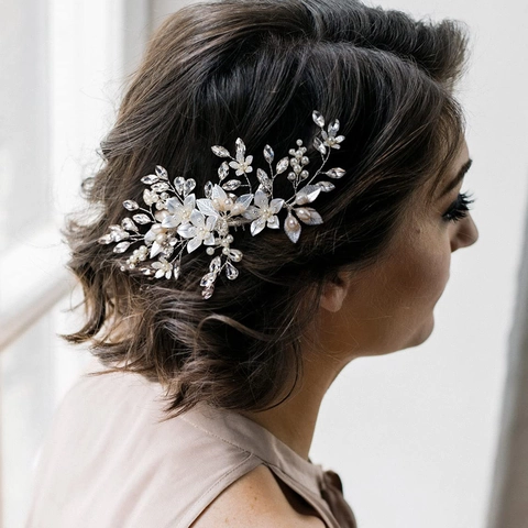 Elegante Pettine per Capelli da Sposa a Foglia Argento Con Perla Artificiale Strass Copricapo da Sposa Fatto a Mano Donna