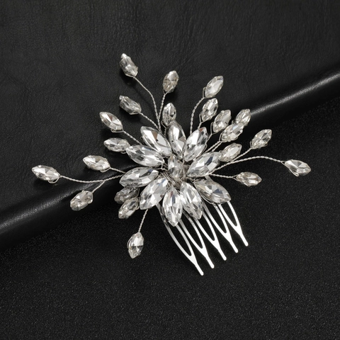 Pettine per Capelli da Sposa Fatto a Mano Metallo Argento Strass Marquise Clip Capelli Elegante Design a Foglia Accessori per Matrimoni Donna