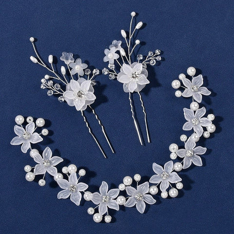 Set Fascia per Capelli e Forcina Sposa Matrimonio Fatto a Mano Perla Artificiale Strass Fiore Gioielli da Donna Oro Argento