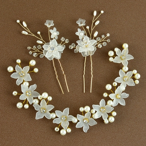 Set Fascia per Capelli e Forcina Sposa Matrimonio Fatto a Mano Perla Artificiale Strass Fiore Gioielli da Donna Oro Argento