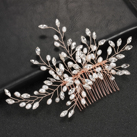 Pettine per Capelli da Sposa in Lega Oro Rosa con Perle Artificiali e Strass Fatto a Mano Floreale per Donna Gioielli