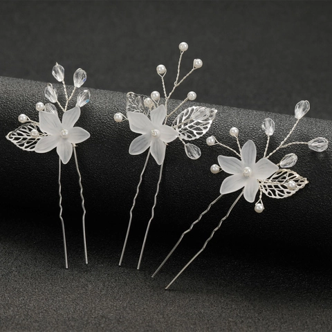 Bastoncini per Capelli da Sposa Eleganti Fiori Bianchi Perle Artificiali Forcine a U in Lega Strass Accessori per Donna