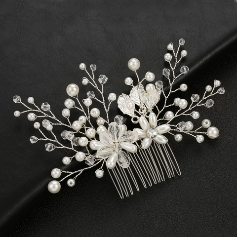 Pettine per Capelli da Sposa Fatto a Mano Elegante Foglia Oro Argento Perla Artificiale Strass Accessori per Capelli Donna