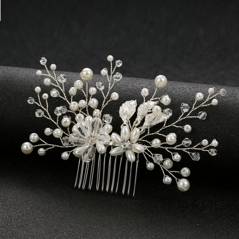 Pettine per Capelli da Sposa Fatto a Mano Elegante Foglia Oro Argento Perla Artificiale Strass Accessori per Capelli Donna
