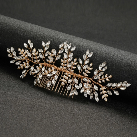 Elegant Alloy Bridal Hair Comb With Artificial Pearl And Marquise Rhinestone Gold Leaf Hair Side Comb For Wedding Jewelry
