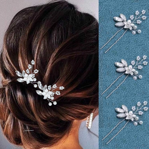 Elegant Silver Alloy Flower Artificial Pearl Rhinestone U-Shaped Hairpin Bridal Wedding Party Jewelry Headpiece For Women