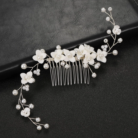Pettine per Capelli da Sposa Fatto a Mano Con Fiori in Ceramica Bianca e Perle Artificiali Accessori per Capelli Donna