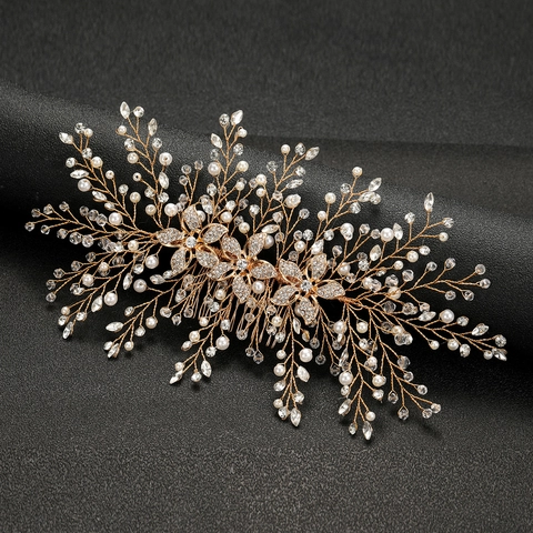 Pettine per Capelli da Sposa di Lusso in Lega d'Oro con Fiori Strass e Perle Artificiali Copricapo da Sposa Gioielli per Capelli Fatti a Mano