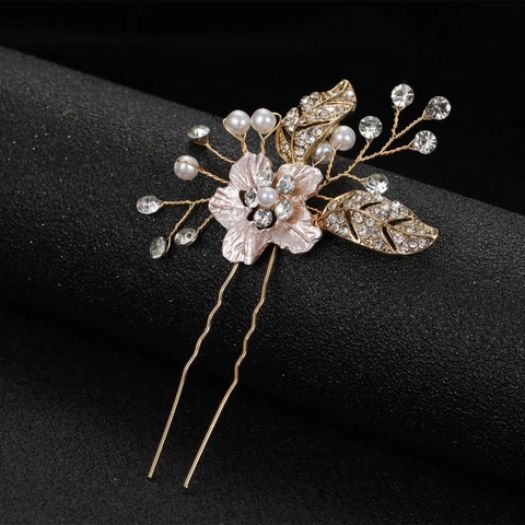 Goldene Hohlblume Strass Haarnadel Braut Hochzeit U-förmige Haarnadel Für Frauen Künstliche Perle Legierung Haarschmuck