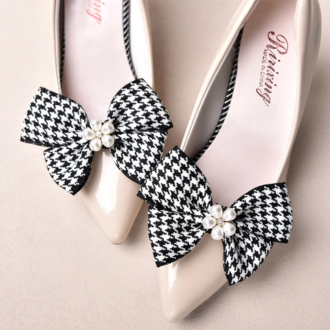 Clip per Scarpe con Fiocco Pied de Poule Vintage Lega Perla Artificial Strass Accessori per Matrimonio Sposa Fibbie Decorative per Décolleté da Donna
