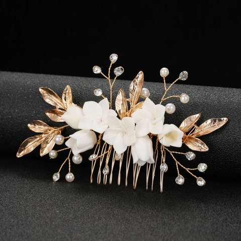 Elegant White Flower Leaf Bridal Hair Comb With Faux Artificial Pearl Rhinestone Alloy Gold Silver Wedding Headpiece Hair Accessory