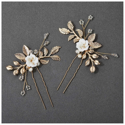 Forcine per Capelli da Sposa in Lega Vintage Con Fiori in PVC Effetto Ceramica Künstliche Perle Strass Foglie per Matrimonio Donna
