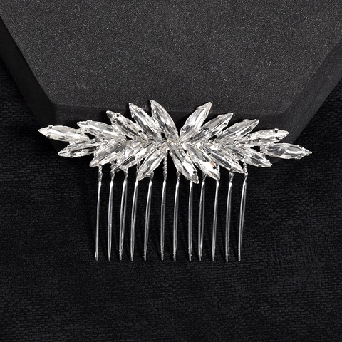 Vintage Silver Alloy Rhinestone Bridal Hair Comb Marquise Cut Crystal Hair Accessory For Wedding Party Women Jewelry