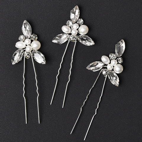 Set di 3 Forcine per Capelli a Forma di U con Künstliche Perle e Strass Sposa Matrimonio in Lega per Donna Eleganti Accessori per Capelli