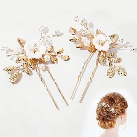 Forcine per Capelli da Sposa in Lega Vintage Con Fiori in PVC Effetto Ceramica Künstliche Perle Strass Foglie per Matrimonio Donna