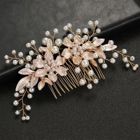 Lussuoso Pettine per Capelli in Lega con Strass e Künstliche Perle a Fiore per Sposa Matrimonio Elegante Gioielli per Capelli Oro Argento