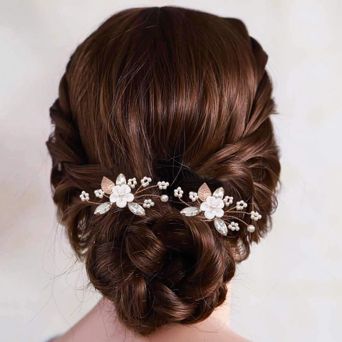 Flower Artificial Pearl Bridal Hair Pins For Women Alloy Rhinestone Leaf Decorative U-Shaped Hair Clips Elegant Wedding Party Hair Jewelry