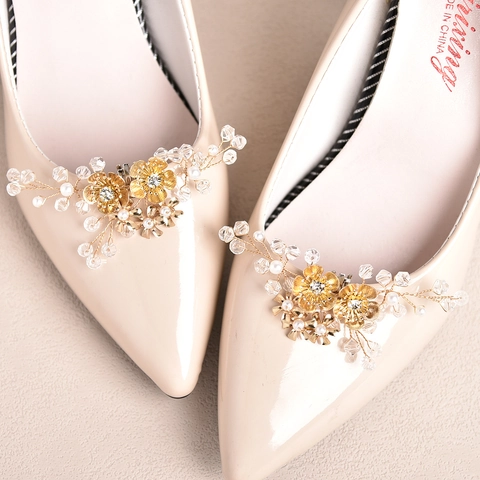 Clip per Scarpe da Sposa Matrimonio Rimovibili Fiore d'Oro Perla Artificiale Strass Decorazione per Tacchi Alti Donna Festa Formale Gioielli Accessori