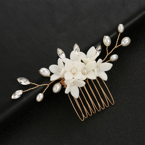 Pettine per Capelli Sposa Fatto a Mano Elegante Fiore di Ceramica Bianca Filo Oro Argento Con Perle Artificiali Strass