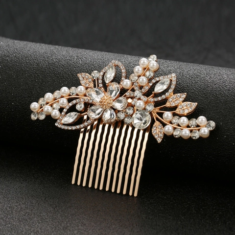 Elegante Pettine per Capelli da Sposa in Lega con Fiori e Strass e Perla Artificiale Oro Argento Accessori Capelli Matrimonio