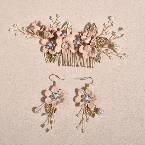 Conjunto de Peineta y Pendientes Florales Hechos a Mano para Novia Elegante Aleación Diamante de Imitación Perla Artificial Tocado
