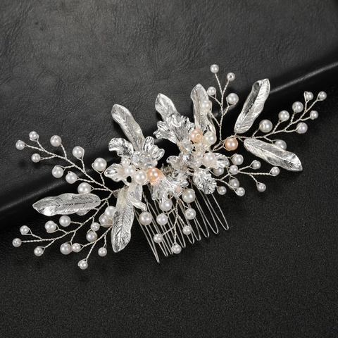 Pettine per Capelli da Sposa Artigianale in Lega con Perle Artificiali Design a Foglia Strass Oro Argento per Matrimonio Donna