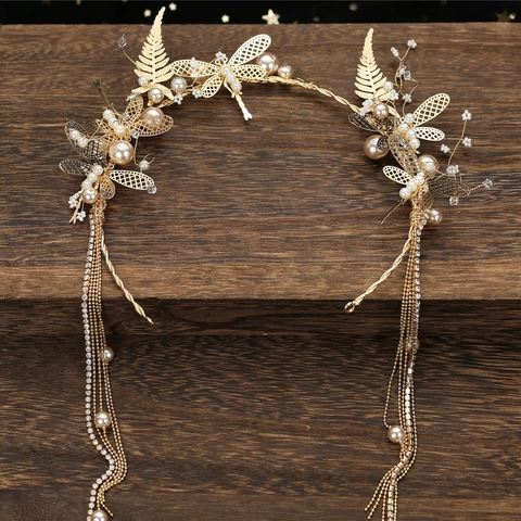 Lussuoso Cerchietto da Sposa in Lega Placcata Oro con Libellula e Nappa per Matrimonio Elegante Orecchino Perla Artificiale Strass Accessorio Capelli Donna