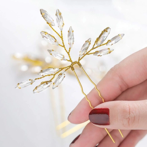 Forcina per Capelli da Sposa a Foglia in Lega di Oro con Strass Fatta a Mano Accessorio per Capelli Matrimonio a Forma di U per Donna