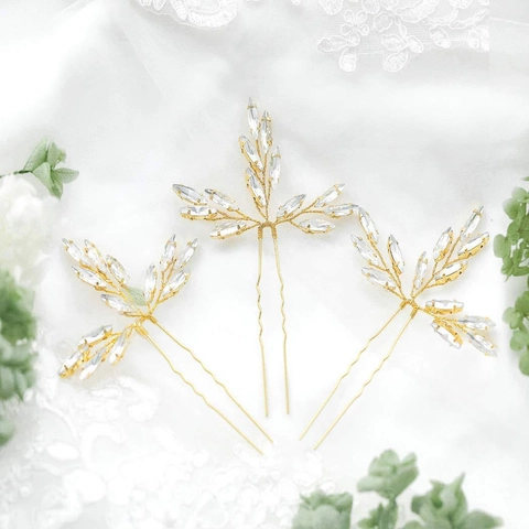 Forcina per Capelli da Sposa a Foglia in Lega di Oro con Strass Fatta a Mano Accessorio per Capelli Matrimonio a Forma di U per Donna