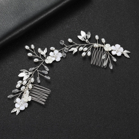 Pettine per Capelli da Sposa Floreale Fatto a Mano Copricapo Donna Gioielli per Capelli in Lega Fiore Foglia Perla Artificiale Strass Smalto Catena