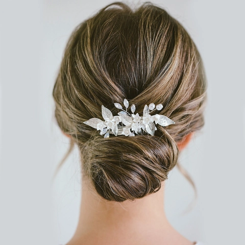 Bridal Wedding Hair Comb Alloy Metal Leaf White Floral Headpiece Gold Silver Rhinestone Artificial Pearl Hair Accessories For Women