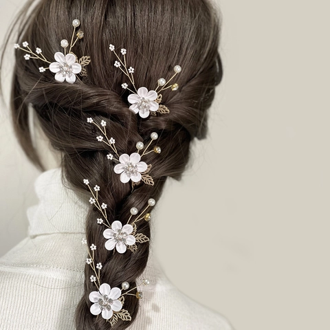 Handmade Bridal Flower Hairpins Set Rhinestone Artificial Pearl Floral Hair Forks For Wedding Party Women Jewelry