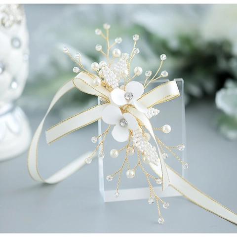 Handmade White Wedding Wrist Flower Corsage With Artificial Pearl Rhinestone Satin Ribbon Elegant Bracelet For Bridesmaid Party