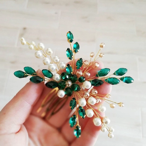 Pettine per Capelli da Sposa Fatto a Mano Con Cristallo Verde Smeraldo Rosso Perla Artificiale Lega Elegante Accessorio per Capelli Floreale per Donna