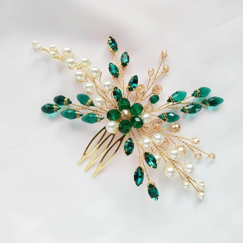 Pettine per Capelli da Sposa Fatto a Mano Con Cristallo Verde Smeraldo Rosso Perla Artificiale Lega Elegante Accessorio per Capelli Floreale per Donna