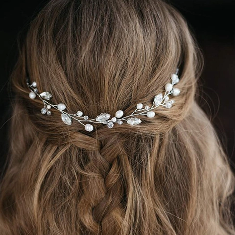 Enredadera de Pelo de Novia Hecho a Mano Diadema Perla Artificial Strass Cadena Suave Tocado Metal Accesorios de Pelo de Boda para Mujer