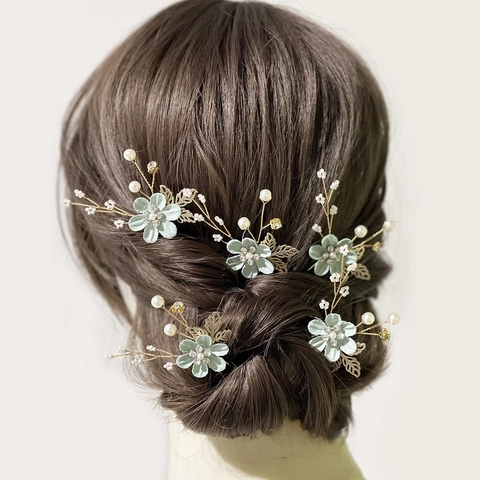 Handmade Bridal Flower Hairpins Set Rhinestone Artificial Pearl Floral Hair Forks For Wedding Party Women Jewelry